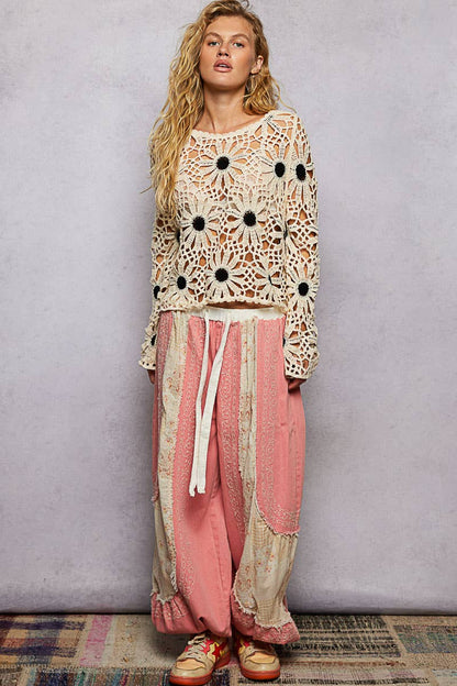 Pol Clothing - Floral Weave Round Neck Long Sleeve Crochet Top