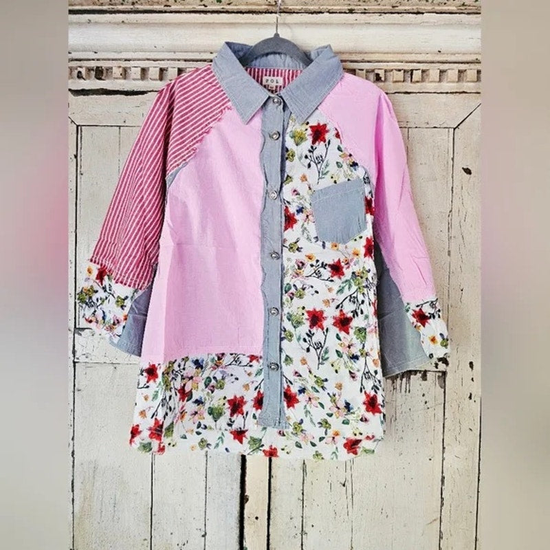 POL Clothing Patchwork Button Down Shirt Boho Floral Shirt