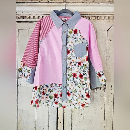 POL Clothing Patchwork Button Down Shirt Boho Floral Shirt