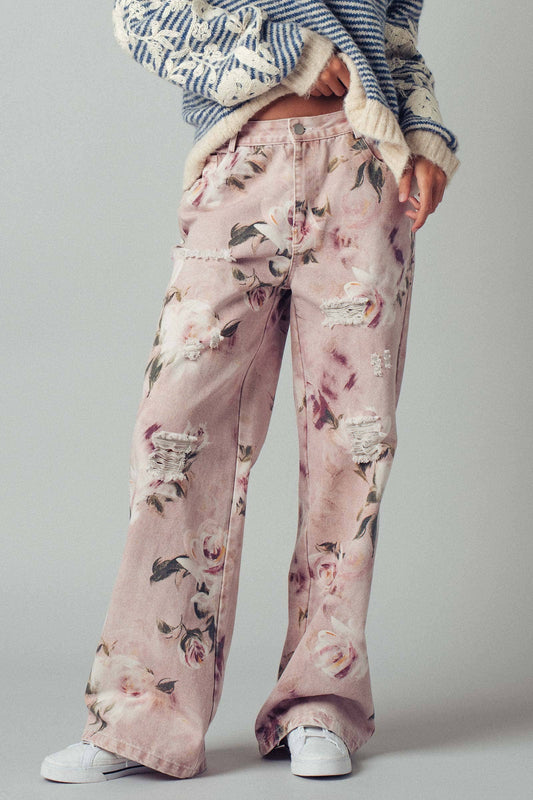 Urban Daizy - Romantic Rose Print High-Rise Denim Pants