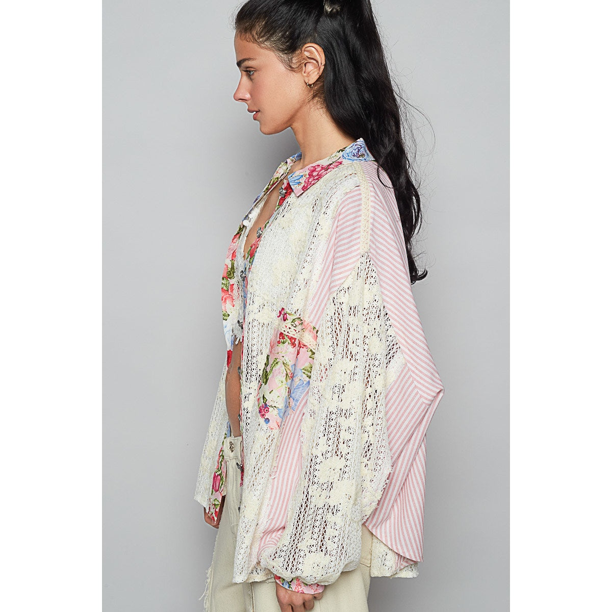 POL Pink Multi Lace Button Front Top