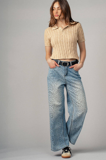 Urban Daizy Leopard Print Wide-Leg Denim Pants