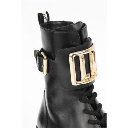 Moschino Women’s Love Leather Combat Boots with Side Zip and Golden Detail
