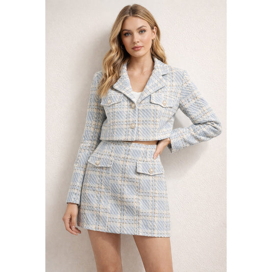Vogue Vibes Inspired Two-Piece Blue Plaid cropped Blazer and Skirt