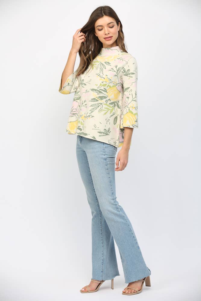 Fate Floral Pattern 3/4 Flared Sleeve Mock Neck Sweat