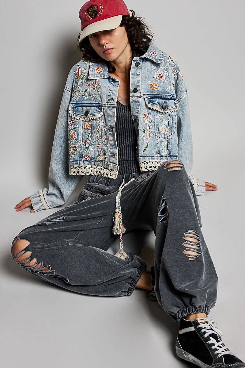 Pol Clothing Floral Embroidery Lace Trim Denim Jacket