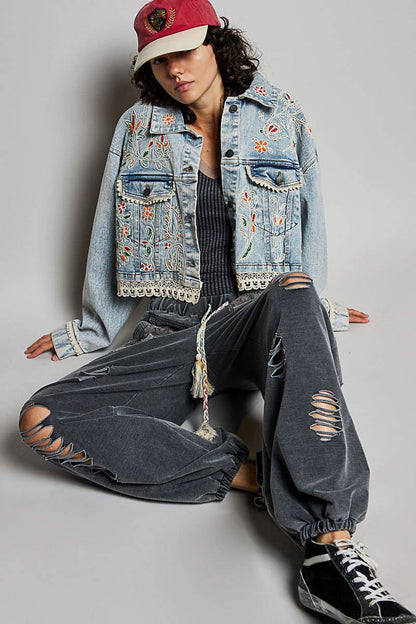 Pol Clothing Floral Embroidery Lace Trim Denim Jacket