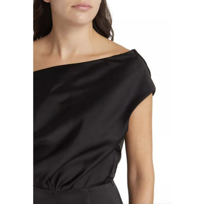 WAYF Black Satin Jumpsuit One Shoulder