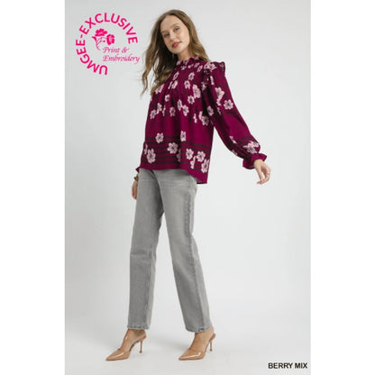 Umgee Mix Floral Smocked Ruffle Blouse