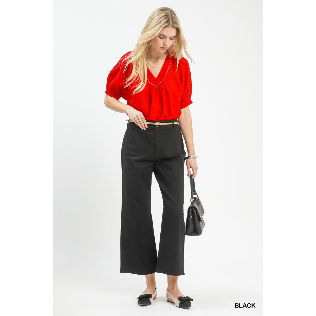 Umgee Black High Waist Wide Leg Crop Pants