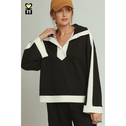 Umgee Black LUXEKNIT Contrast Collar Top