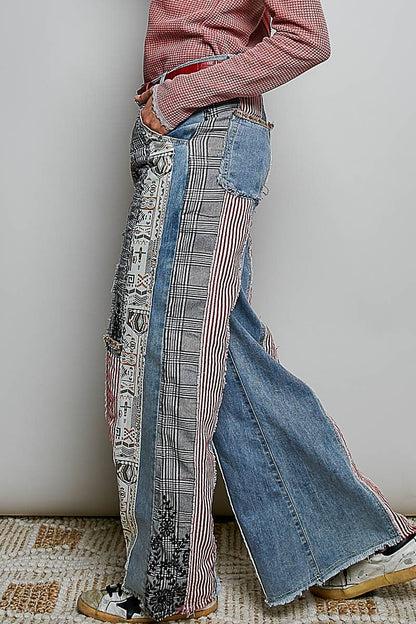 Pol Clothing Patchwork relaxed woven denim pant