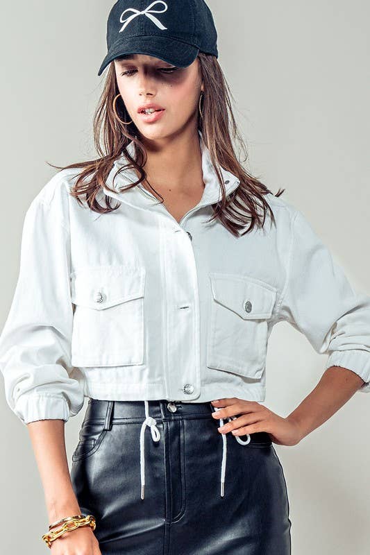 Urban Daizy White Utility Cropped Drawstring Hem Stand Collar Denim Jacket