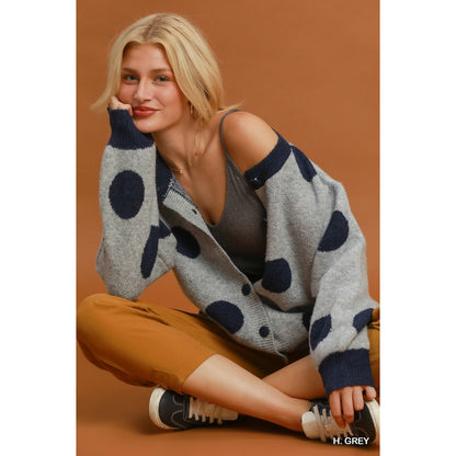 Umgee Polka Dot Button Down Knit Cardigan Sweater