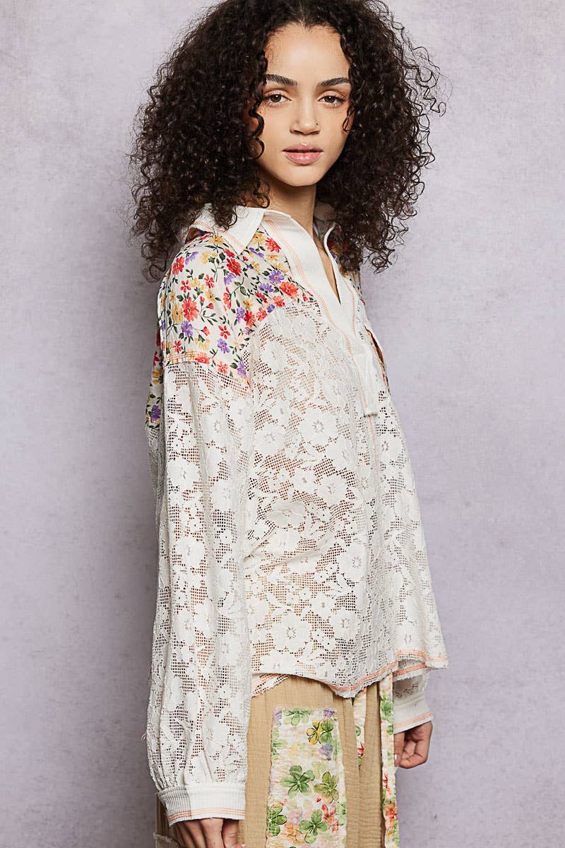 Pol Clothing - Casual V-Neck Long Sleeve Floral Patch Lace Shirt Top SALE