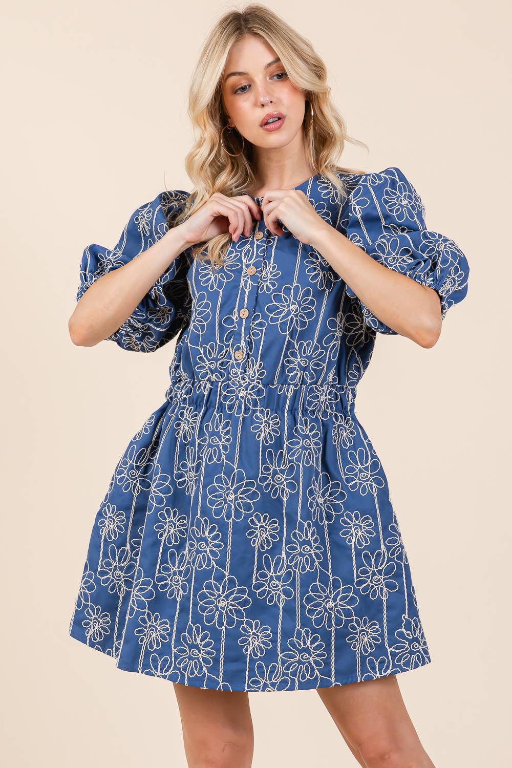 GeeGee x Lovelo Floral Embroidered Half Button-Up Mini Dress