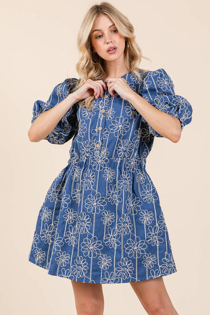 GeeGee x Lovelo Floral Embroidered Half Button-Up Mini Dress
