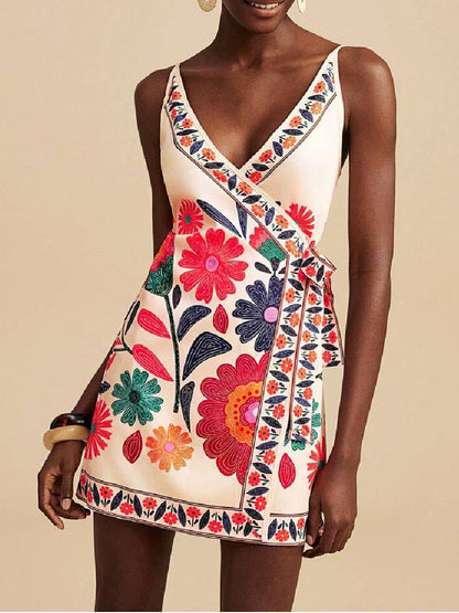 Rosa Clothing - Deep V Boho Floral Wrap Tie-Up Mini Dress