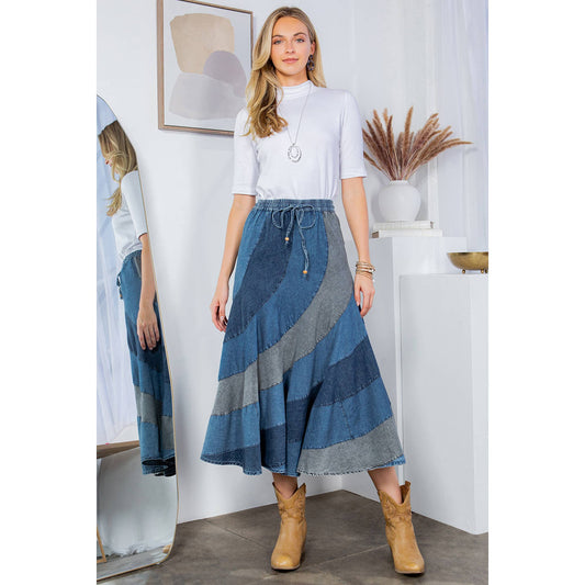 Young Threads Mid-Length Denim Skirt With Asymmetrical Panels