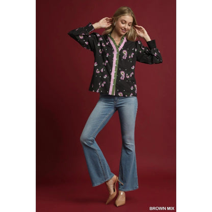 Umgee Abstract Floral Bunch Print Ruffle Blouse