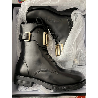 Moschino Women’s Love Leather Combat Boots with Side Zip and Golden Detail