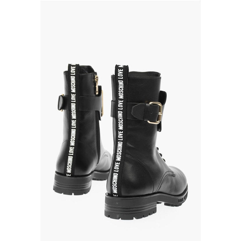 Moschino Women’s Love Leather Combat Boots with Side Zip and Golden Detail
