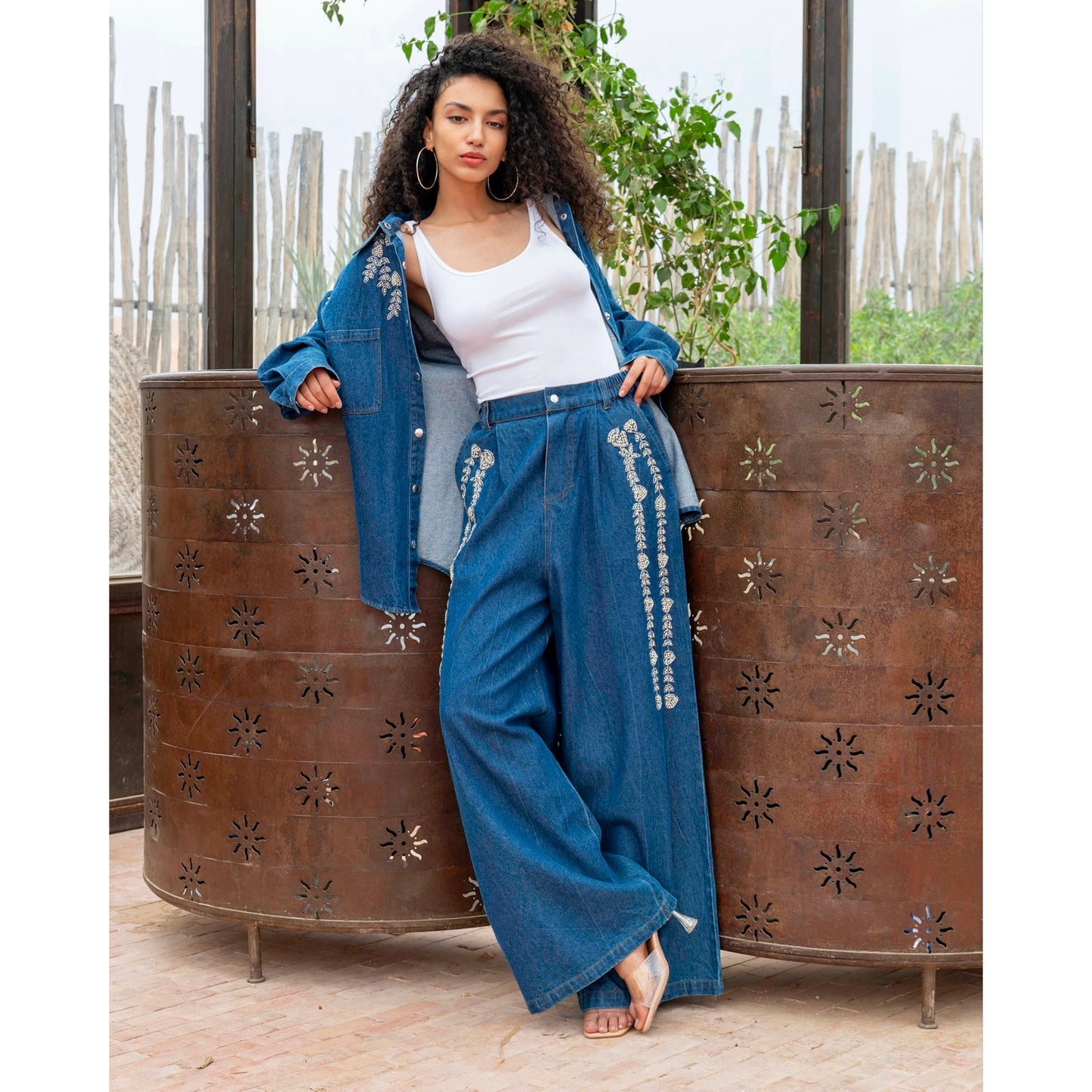 Gold & Silver Paris Success Embroidered Dark Denim Set