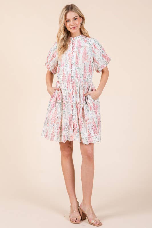GeeGee x Lovelo Floral Eyelet Lace Mini Shirt Dress