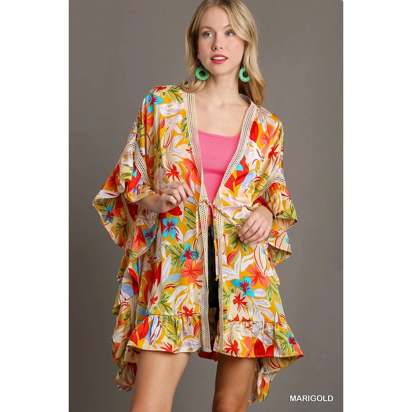 Umgee Satin Floral Print Kimono with Lace Trim, Front Tie, & 3/4 Bell Sleeves