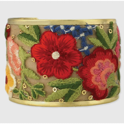 Red Mesh Flower Embroidery Cuff Bracelet