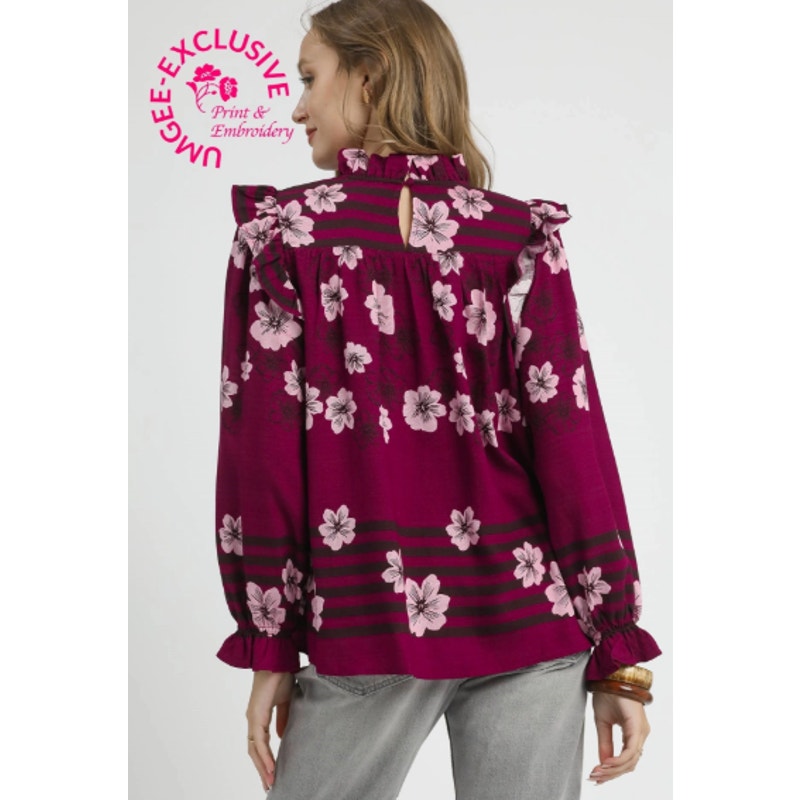 Umgee Mix Floral Smocked Ruffle Blouse