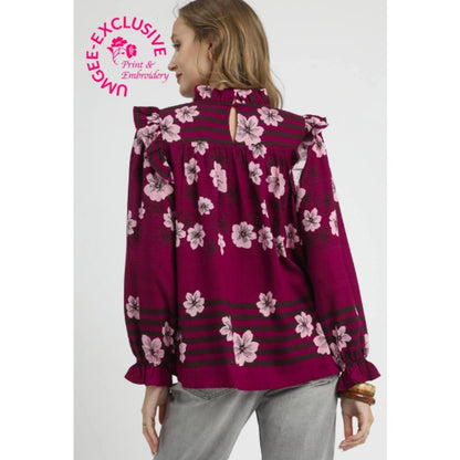 Umgee Mix Floral Smocked Ruffle Blouse