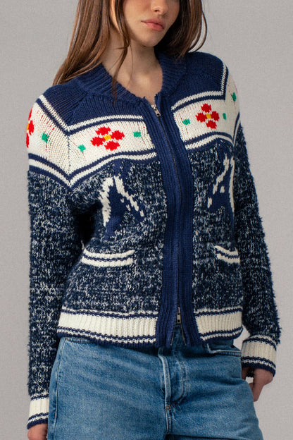 Urban Daizy Floral Yoke Zip-Up Knit Cardigan