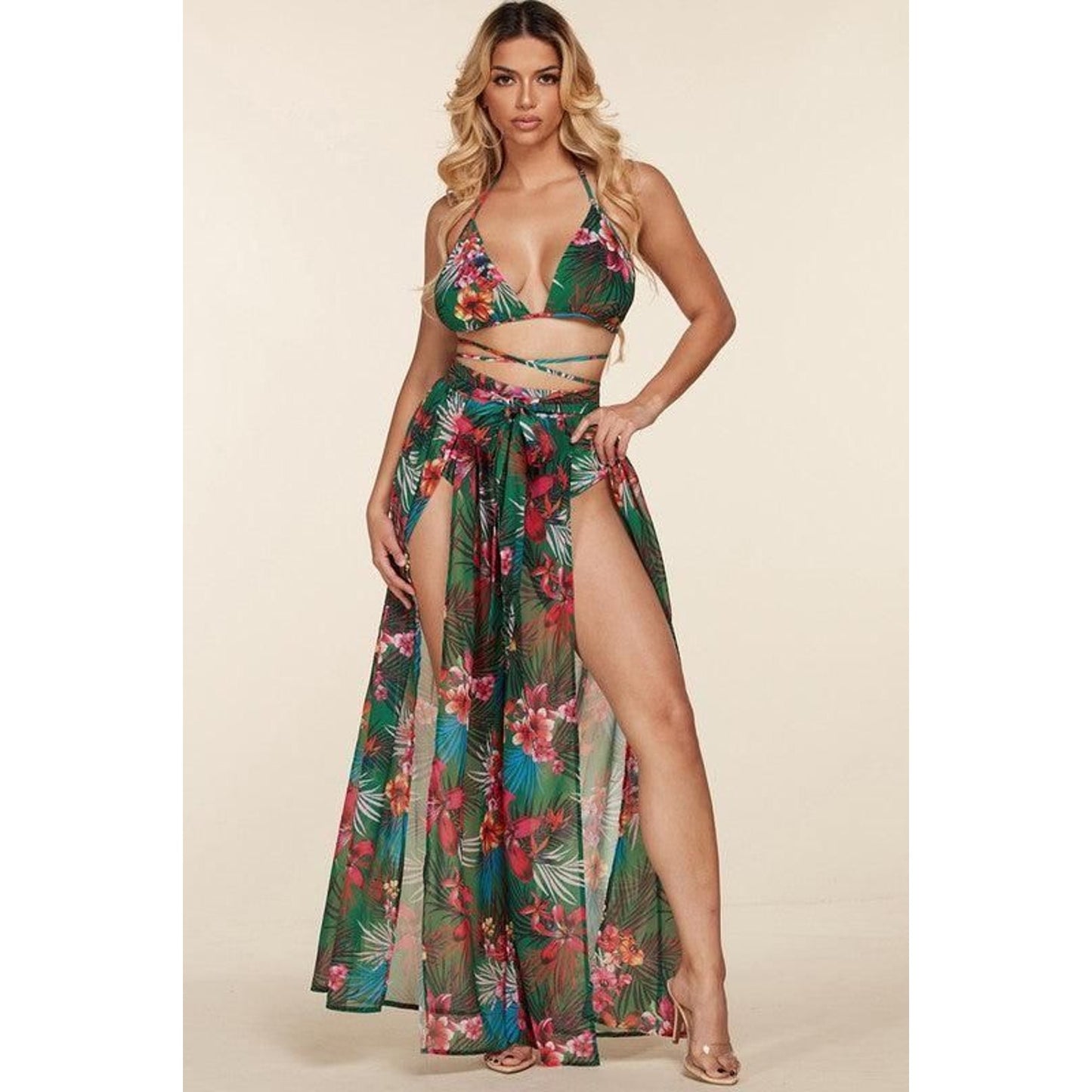 Tropical Print Maxi Dress Bikini Style Set