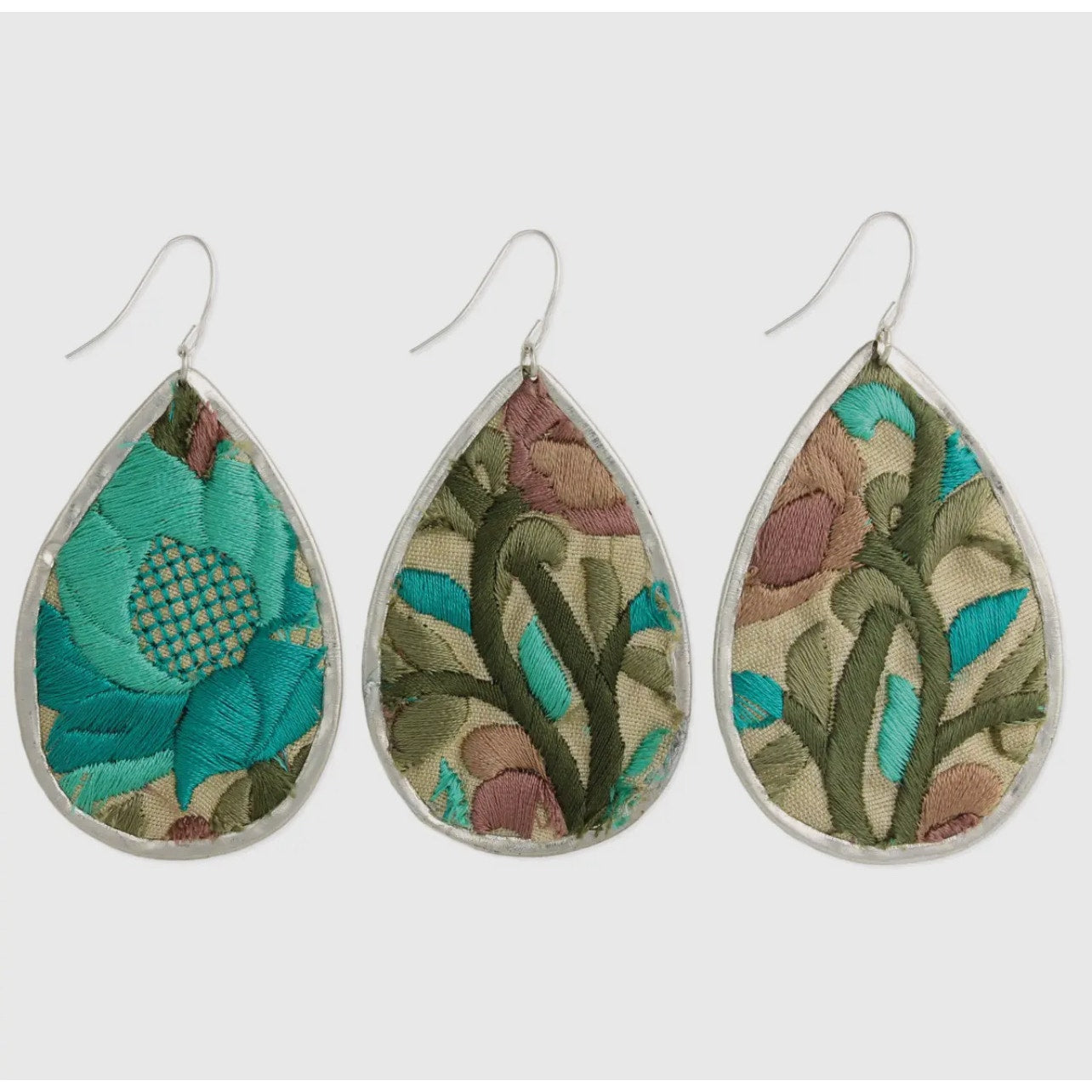 Turquoise Flower Embroidery Silver Teardrop Earrings
