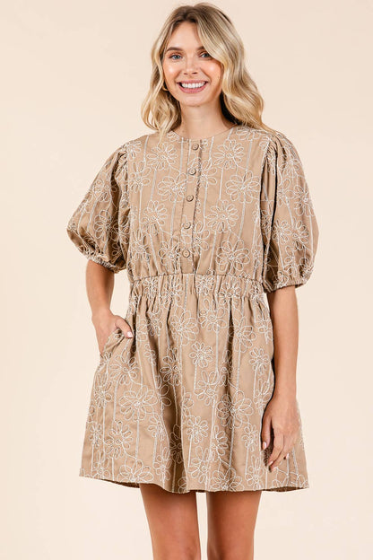 GeeGee x Lovelo Floral Embroidered Half Button-Up Mini Dress