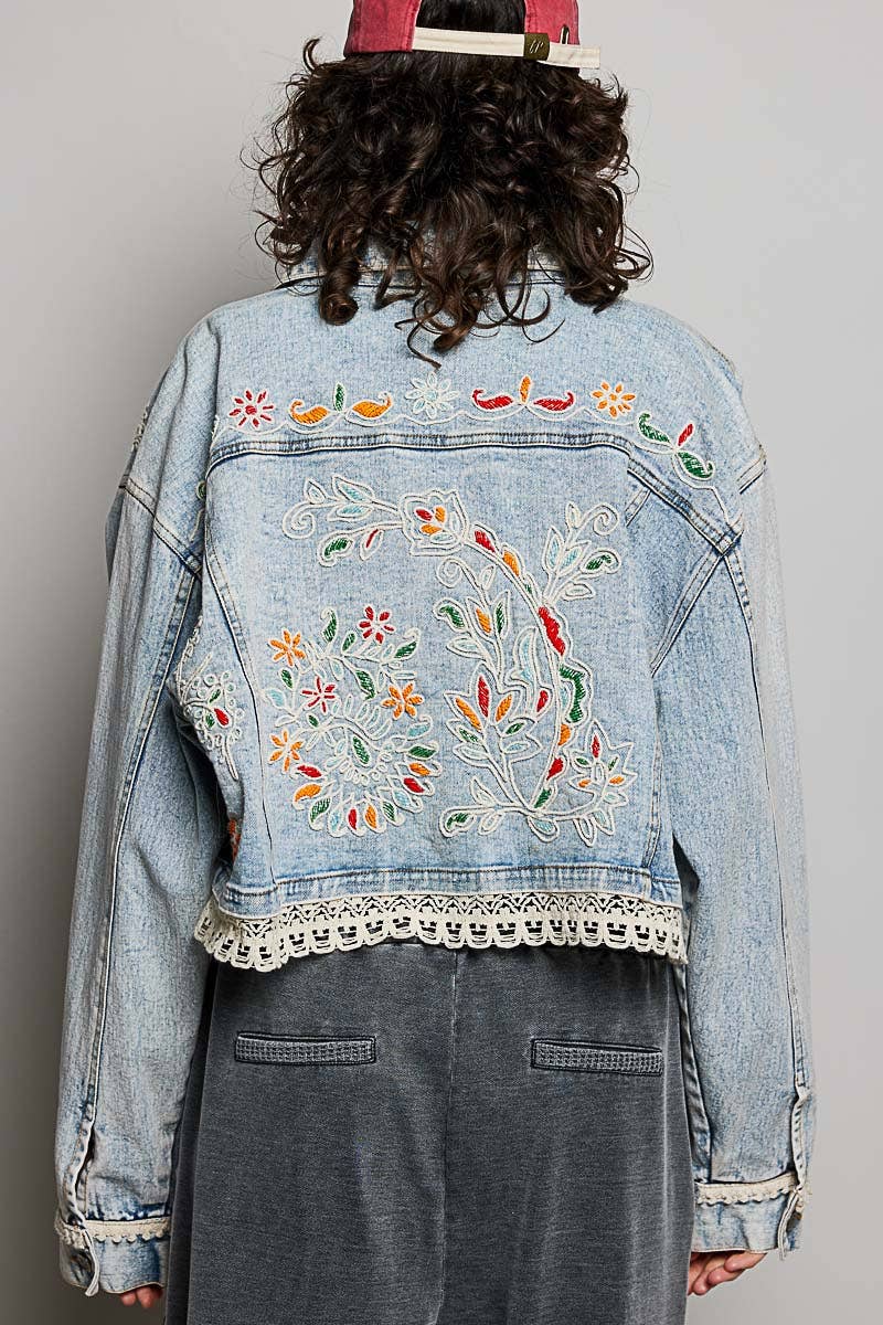 Pol Clothing Floral Embroidery Lace Trim Denim Jacket
