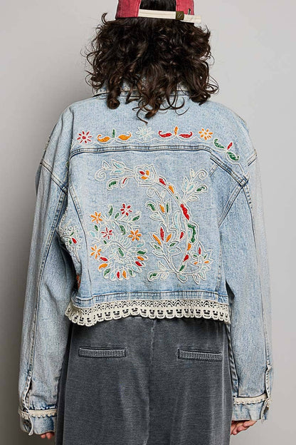 Pol Clothing Floral Embroidery Lace Trim Denim Jacket