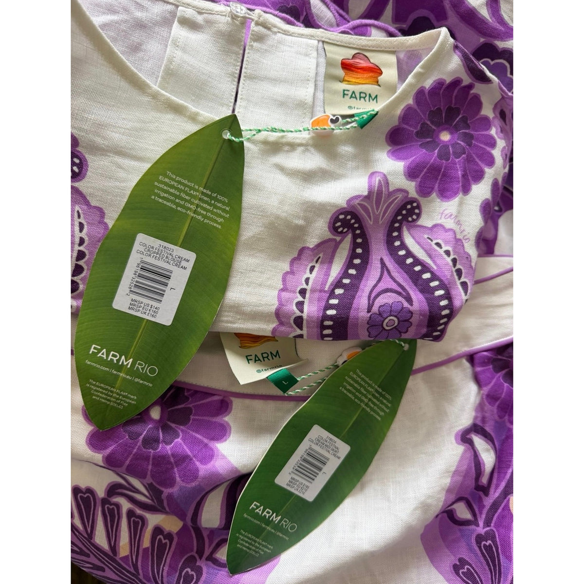 Farm Rio Color Festival Cream Euroflax Crop Blouse AND Midi Skirt Set NWT Large