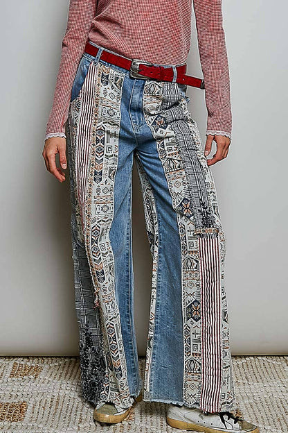 Pol Clothing Patchwork relaxed woven denim pant