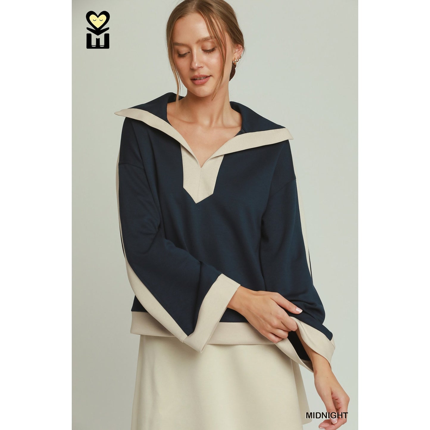 Umgee Midnight Blue LUXEKNIT Contrast Collar Top