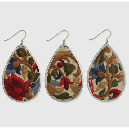 Red Flower Embroidery Silver Teardrop Earrings